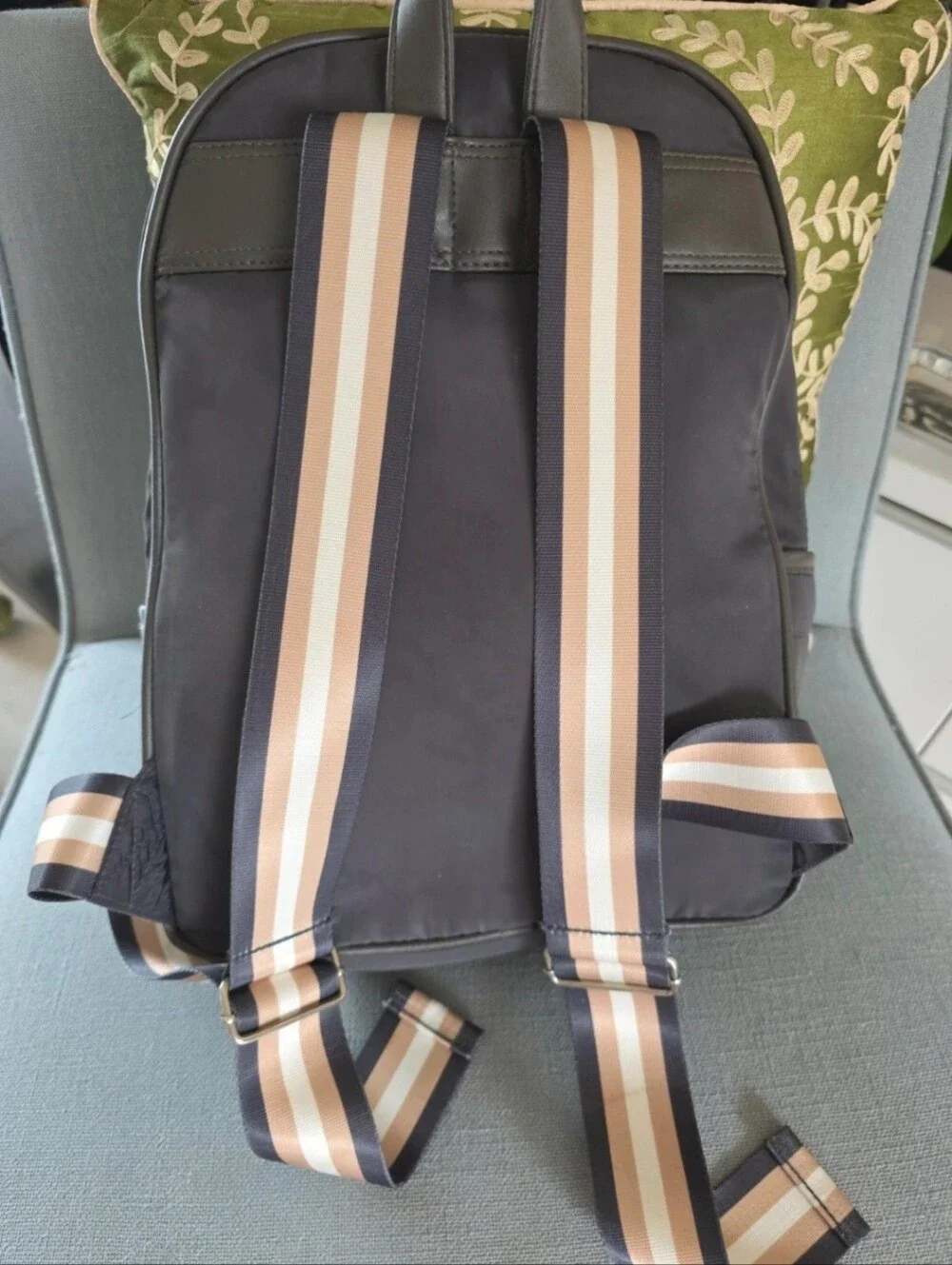 Quilted, Sleek, boxy, Gray Nylon Backpack with Pink-Tan Stripe.